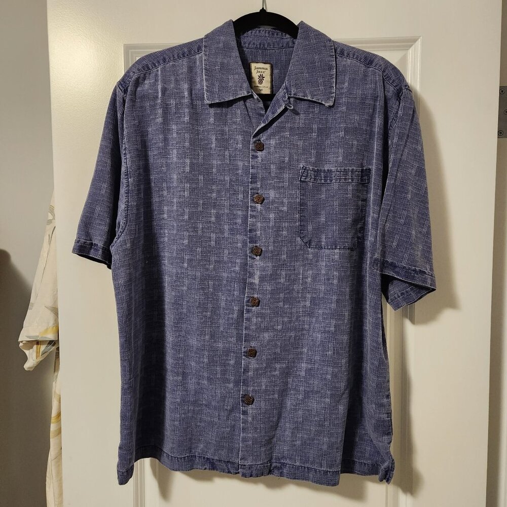 Men's Jamaica Jaxx 100% Silk Short Sleeve Button Down Shirt - Size L - Denim